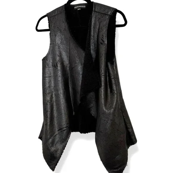 Rock & Republic Black Faux Leather Vest Open Front Sherpa Lined Women's Size XS - Picture 3 of 6